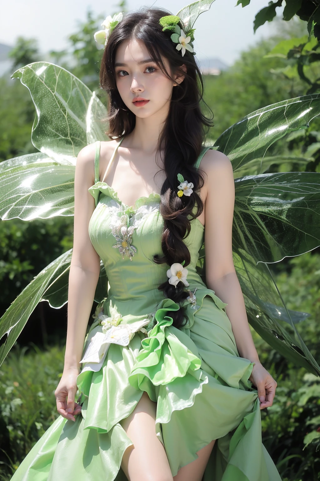 photorealistic,realistic,photography,masterpiece,best quality,ultra-detailed,extremely detailed,8k wallpaper,(reality: 1.4),1girl,solo, hair flower,full body,standing,arms lowered to the sides,long hair,black hair,hair ornament,dress,plant,wings, green butterfly dress,frilled dress,fairy wings,green theme,fairy, <lora:JAY - GREEN BUTTERFLY DRESS:0.8>