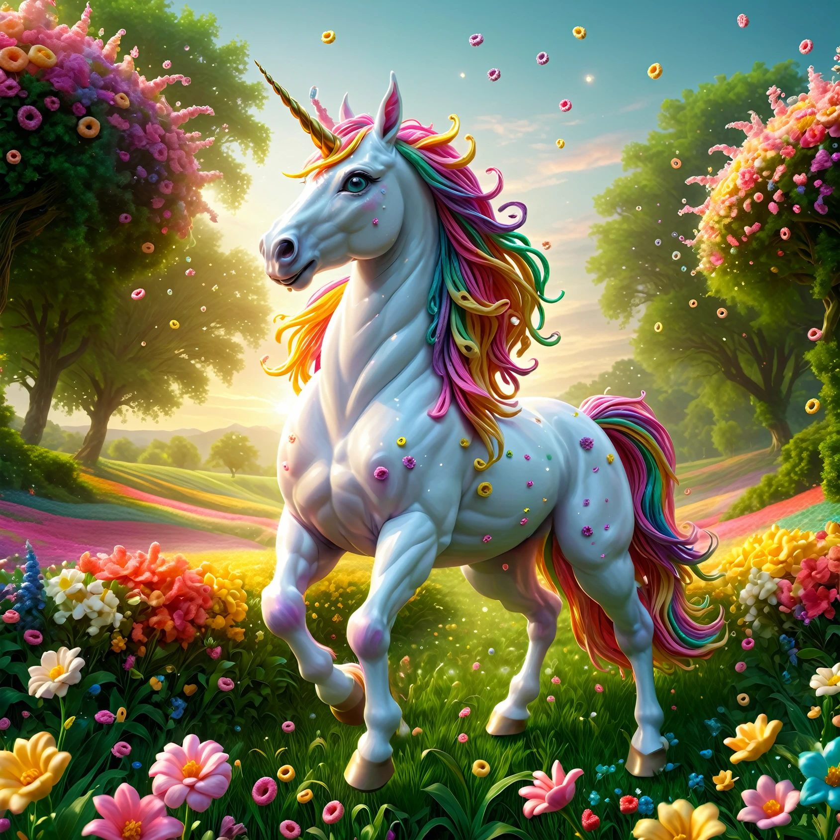 made of Fruit loops , epic digital picture of  A unicorn prancing through a field of flowers, masterpiece, dramatic cinematic lighting, unforgettable, very intricate, high detail , photorealistic detail, ultra-realism , photorealistic,  ultra detailed ,octane render,    <lora:FruitLoopStyle_epoch_9:0.4>  <lora:SDXLFaeTastic2400:0.5>