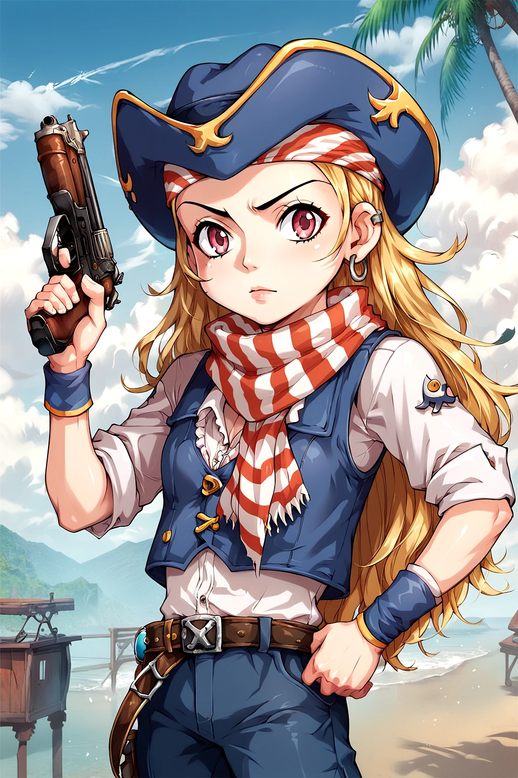 score_9, score_8_up, score_7_up, score_6_up, score_5_up, score_4_up, 1girl, nsfw, source_anime, solo, Kyrin, blonde hair, long hair, red and white striped bandana, pirate hat, pink eyes, red and white striped scarf, vest, shirts, wristband, belt, pants, <lora:Kyrinpony:0.75>, <lora:Concept Art Eclipse Style LoRA_Pony XL v6:0.6>, kid, holding gun, gun