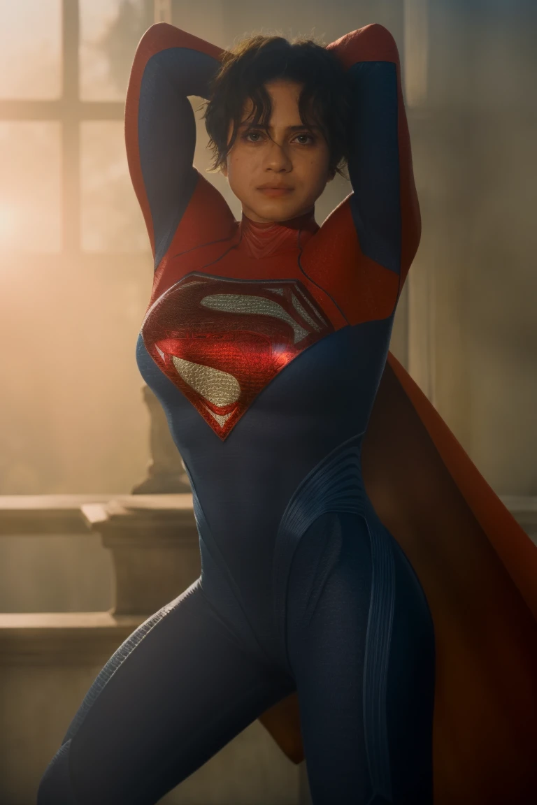 1girl, (blurry background), looking at viewer, detailed face, soft lighting, (high detailed skin:1.1)
<lora:skin_texture_v2:0.5> <lora:supergirl_tf_lora_v02:1> 5uper, bodysuit, red cape, short hair, superhero