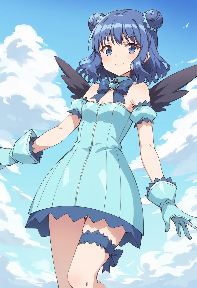 score_9, score_8_up, score_7_up, source_anime BREAK
mew mint, 1girl, solo, blue hair, blue eyes, smile, day, cloud, bare shoulders, short hair, double bun, thigh strap, blue gloves, black wings, detached sleeves, blue sky, aqua gloves, detached collar, blue dress, leg garter, puffy detached sleeves, closed mouth, standing, cowboy shot, short dress, outdoors, bowtie, choker, strapless dress, puffy short sleeves, cloudy sky, blue skirt, brooch, small breasts, eyebrows visible through hair, wavy hair, blue neckwear, garters, feathers, hair ornament, feathered wings, bird wings, aqua dress, frills, anime coloring, blue bow, miniskirt, bangs, outstretched arms, sidelocks, bridal garter, floating, flying,
<lora:mew_mint_aizawa_mint_sdxl_locon_pony_v1:0.7>
