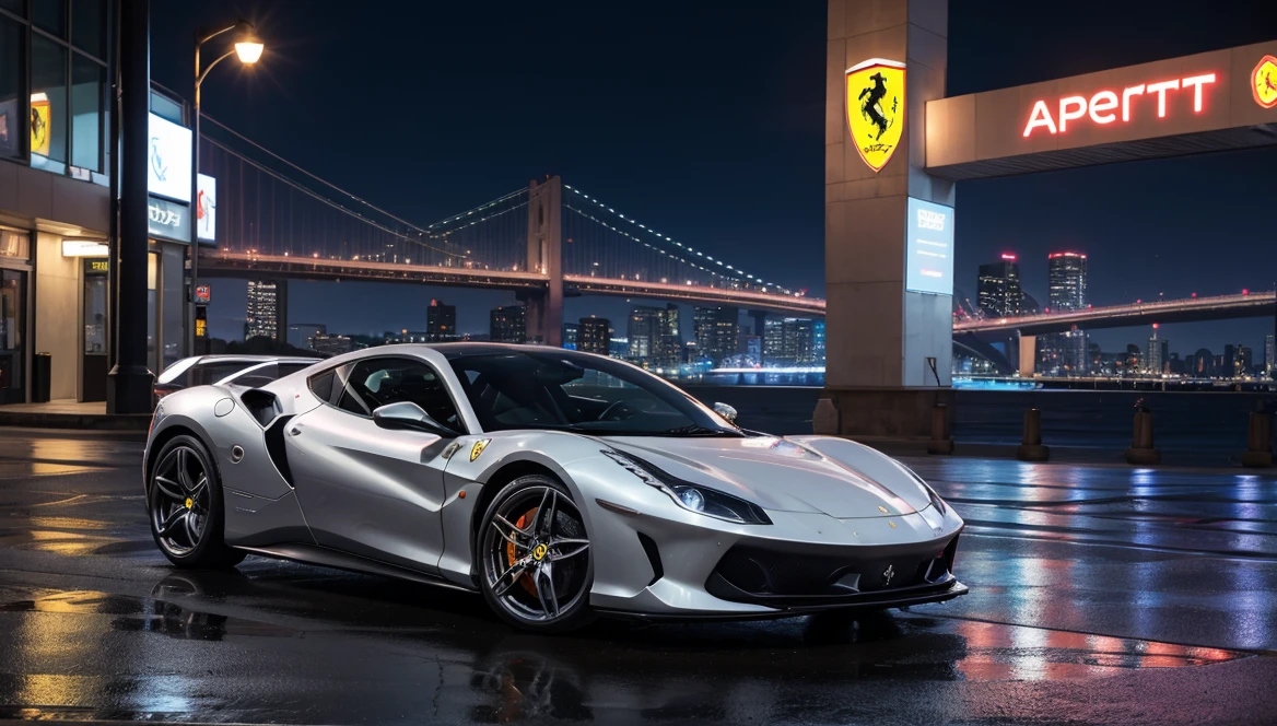 caFerrari 296,Ferrari car logos,a woman,masterpiece, highly detailed photorealistic 8k raw photo,Rainy night, night,bright tones,real light and shadow,best cinematic quality, volumetric lighting and shadows, the front of the car has a Ferrari logo,1girl,1girl driving car, sprktt,cutting-edge design, showcasing sleek lines, advanced features, innovation, futuristic cityscape, high-tech laboratory, futuristic cityscape background, Full shot, shiny and reflective bodywork ,8k <lora:Ferrari 296ï¼æ³æå©296ï¼:0.7> <lora:supercargirl2:0.8>
