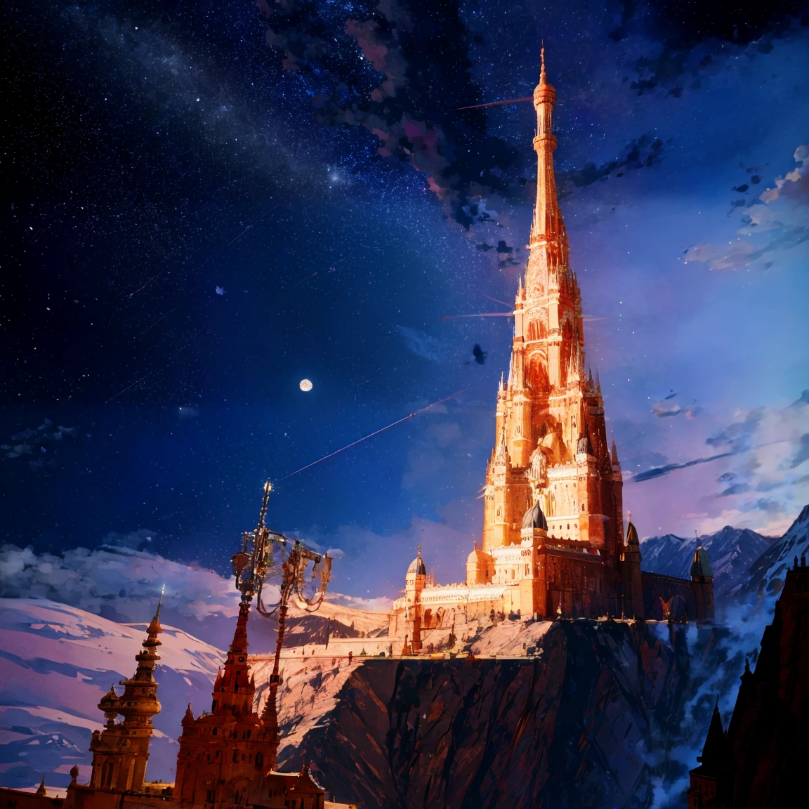 {{{masterpiece}}}, {{{best quality}}}, {{{very aesthetic}}}, {{{ultra-detailed}}}, {illustration}, {{{extremely detailed}}}, {{{an extremely delicate and beautiful}}}, {{{highly detailed}}}, {{official style}}, {{game cg}}, {{intricate}}, people standing in front of a tall mechanic's tower rising in space, tall tower against a mountain in front of a lunar road, mechanic's castle near a crater surrounded by the moon, mechanic's castle on the moon beside the road, no people, outdoors, landscape, starry sky, best quality, amazing quality, very aesthetic, absurdres