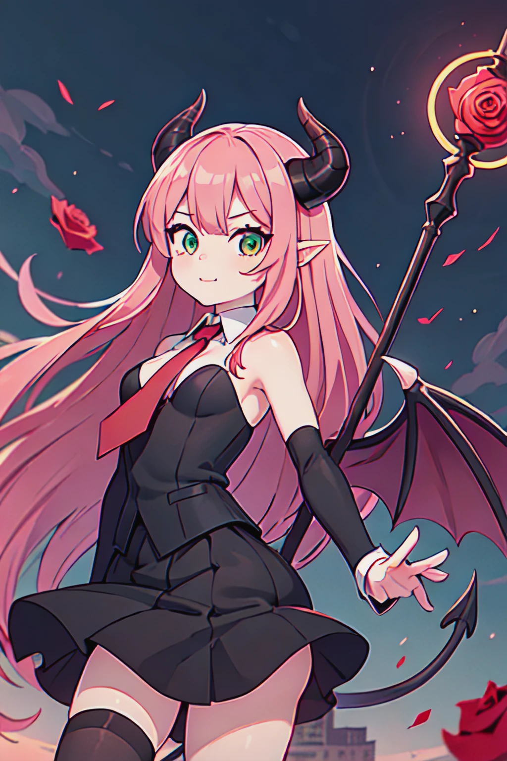 (best quality:1.4), masterpiece, outdoors, city, 1girl, upper body, looking at viewer, pink hair, straight hair,  (demon tail:1.1), (demon wings:1.2), broken demon horn, green eyes, small breast, small ass, tuxedo, red tie, skirt, black stockings, holding staff, (black magic staff, rose staff),