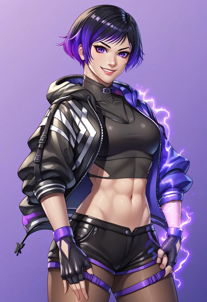score_9, score_8_up, score_8_up,
reina mishima, reina mishima \(tekken\),reina mishima jacket \(tekken\), 1girl, solo, breasts, looking at viewer, smile, short hair, black hair, gloves, navel, purple eyes, jacket, purple hair, pantyhose, multicolored hair, open clothes, shorts, black gloves, midriff, hood, fingerless gloves, two-tone hair, crop top, gradient, short shorts, hoodie, black shorts, abs, hood down, hooded jacket, purple background, electricity