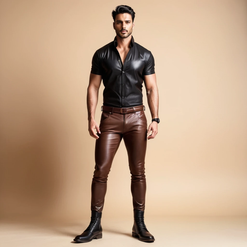 photo of m1ch3l3 a man, ercenary,leather trousers,full-body shot,by artgerm,gradient brown,black,and umber color scheme,  <lora:michhele:.8>