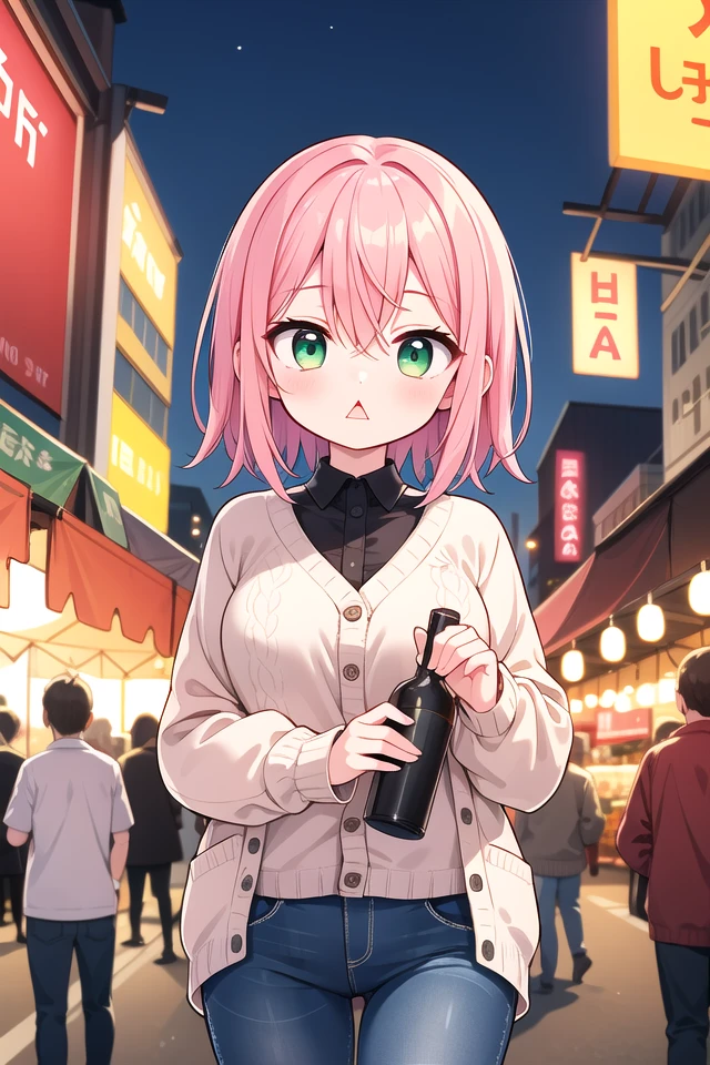 <lora:hotarumouth_type6_v100:1>
insanely detailed, absurdres, ultra-highres, ultra-detailed, best quality,
1girl, solo, nice hands, perfect hands
BREAK
(loose fit cardigan:1.2), straight jeans, chain bracelet
BREAK
(nsfw:-1.5)
BREAK
expressionless, open mouth
BREAK
,
standing, cowboy shot, looking at viewer
BREAK
slender, kawaii, perfect symmetrical face, ultra cute girl, ultra cute face, ultra detailed eyes, ultra detailed hair, ultra cute, ultra beautiful
BREAK
Night market Capture the enchanting and lively beauty of a market illuminated by colorful lights and bustling with nightlife, depth of field, ultra detailed background
BREAK
large breasts
BREAK
(pink hair, dark green eyes:1.2), afro, hair between eyes