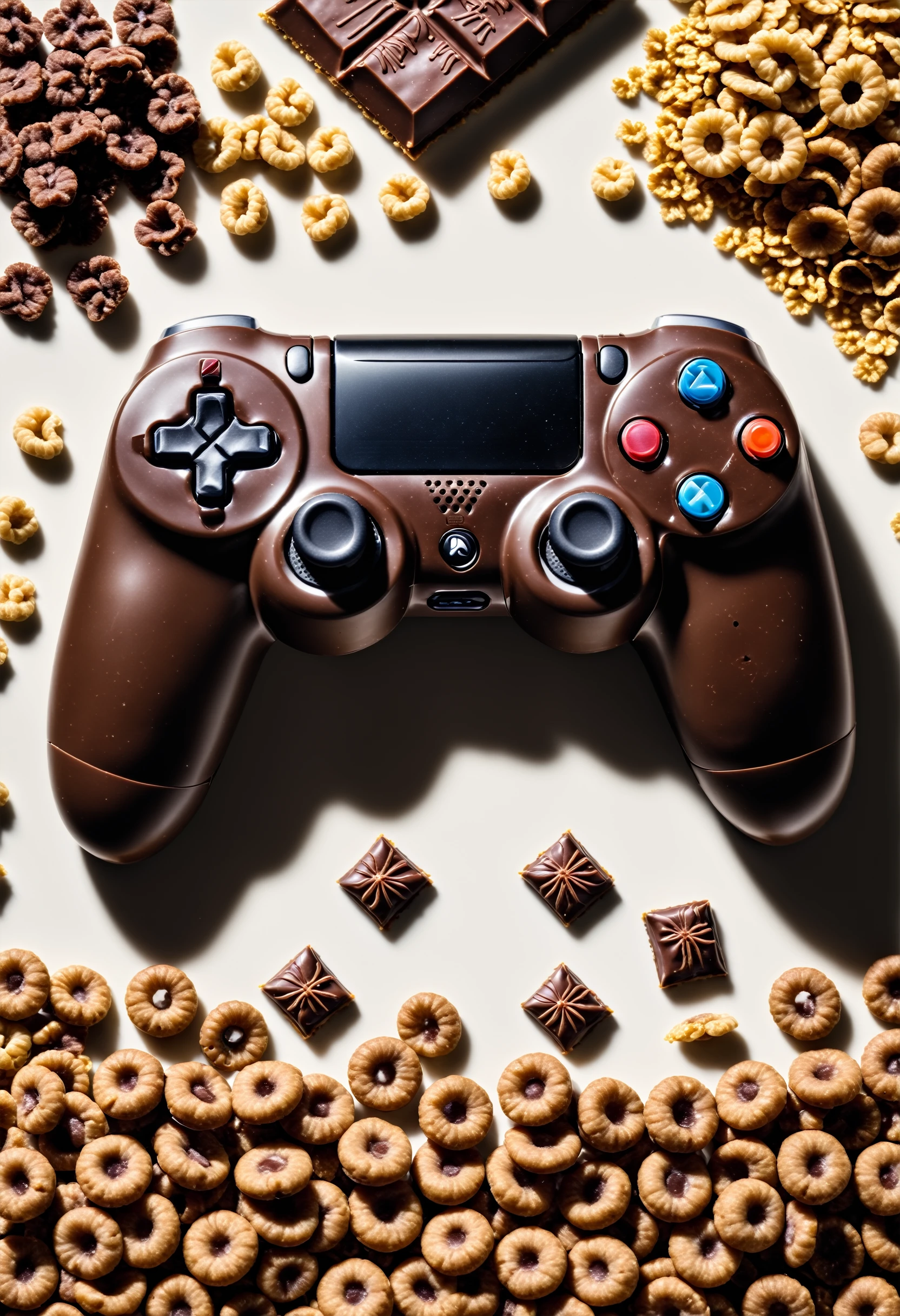 a photorealistic picture of a Gaming Controller  ,Jed-ChocoC   ,chocolate, cereals  <lora:SDXLFaeTastic2400:0.5> <lora:ChocoCerealStyle:0.4>