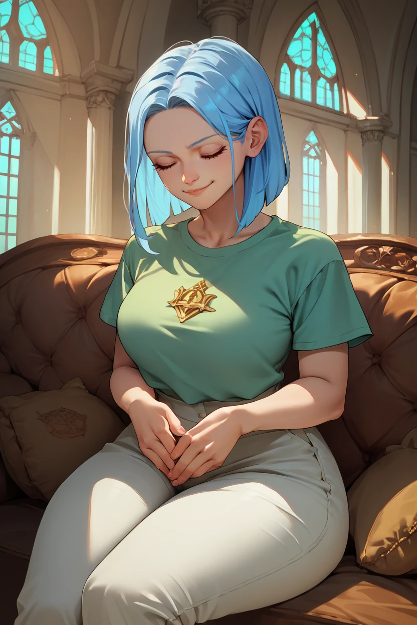 score_9, score_8_up, score_7_up, score_6_up, source_anime, 1girl, solo <lora:fearete-pdxl-nvwls-v1-000005:1> arete, light blue hair, large breasts, green t-shirt, white pants, wide hips, sitting, sofa, mansion, closed eyes, smug