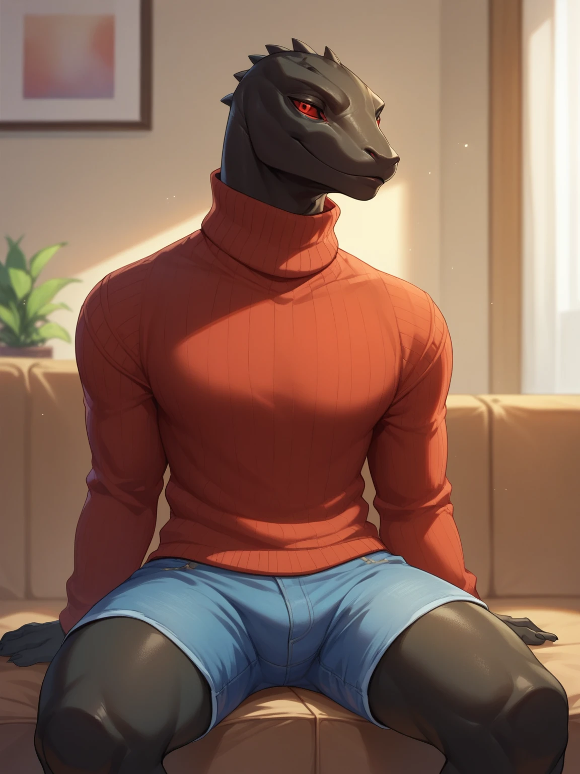 Score_9, score_8_up, score_7_up, 1boy, solo, furry, <lora:Thunder:1> Thunder, red eyes, black skin, colored sclera, denim shorts, turtleneck sweater, sitting, indoors,