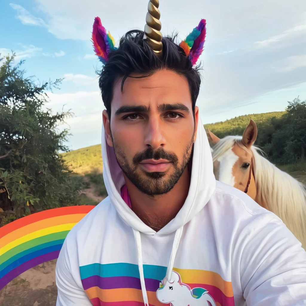 concept art half body photo of m1ch3l3 a man, wearing a unicorn outfit, at a rainbow land, looking at viewer,  <lora:michhele:.8> . digital artwork, illustrative, painterly, matte painting, highly detailed