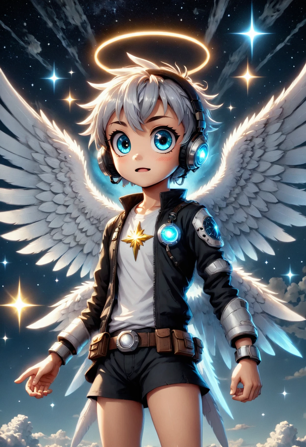 DonMC4r700nFu510nXL  parallel universes of starry seraphim- winged being with luminous, starry wings and celestial halos. , virtual reality game designer  <lora:DonMC4r700nFu510nXL:1>