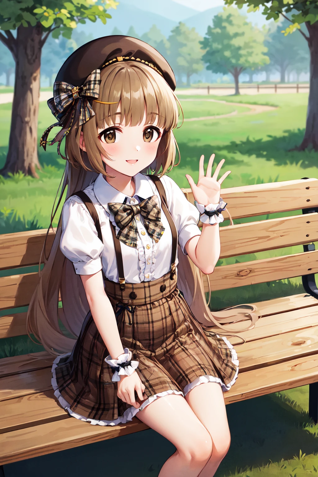 masterpiece, best quality, highres, ccyoshino, long hair, beret, brown headwear, hat bow, plaid bowtie, white shirt, puffy sleeves, short sleeves, center frills, wrist cuffs, suspenders, plaid skirt, brown skirt, <lora:yorita_yoshino_v1:0.7>, sitting, bench, park, outdoors, waving, smile