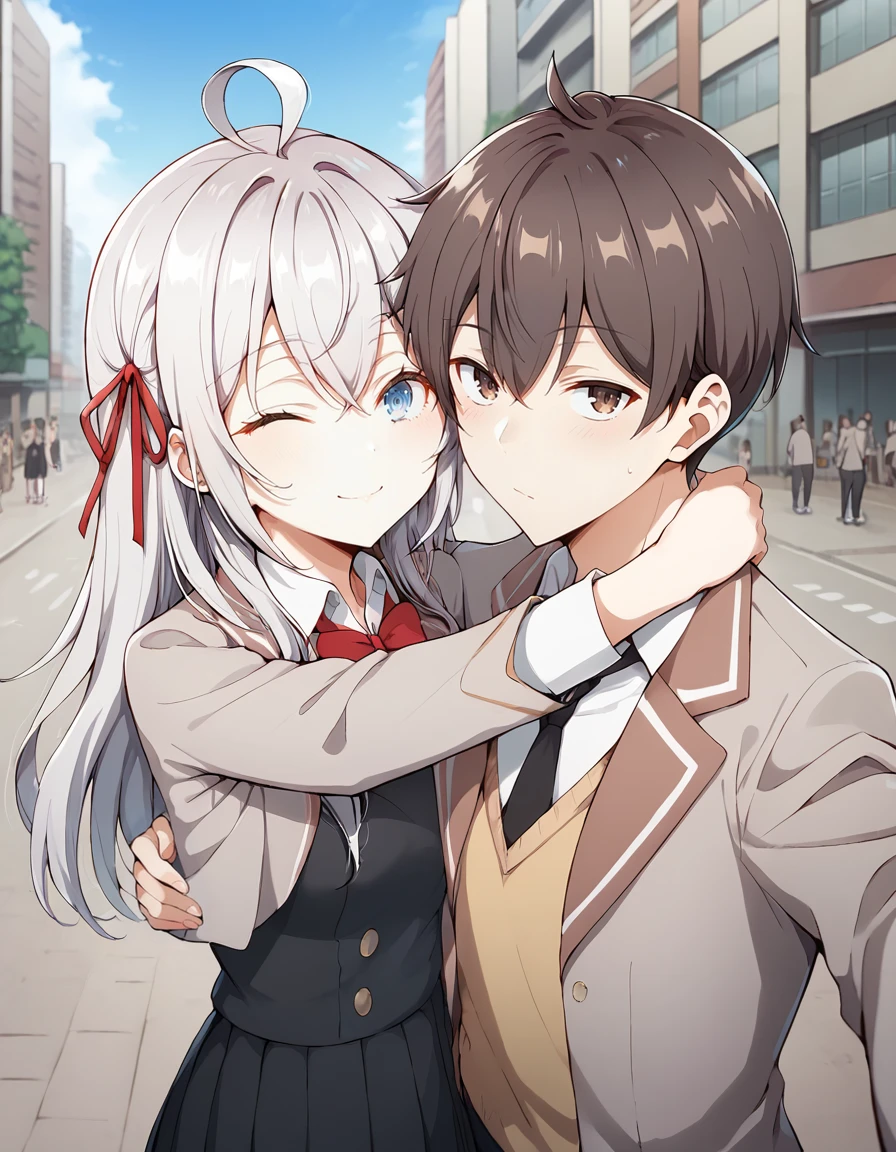 score_9, score_8_up, score_7_up, source_anime, outdoors, street, tokyo city, blue sky, crowd, hugging, standing, selfie, BREAK
<lora:alya_anime_v2-soralz:0.6>, 1girl, alya, long hair, silver hair, ahoge, crossed bangs, hair ribbon, sidelocks, blue eyes, school uniform, grey jacket, open jacket, long sleeves, red bow, white shirt, collared shirt, black vest, buttons, black dress, white thighhighs, hugging each other, light smile, one eye closed, 
ADDCOL
<lora:masachika_kuze_anime-soralz:0.6>, 1boy, solo, looking at viewer, masachika kuze, short hair, brown hair, hair between eyes, brown eyes, school uniform, grey jacket, long sleeves, open jacket, buttons, white shirt, collared shirt, black necktie, yellow sweater vest, black pants, looking at another, hugging each other,