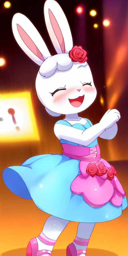 (((mimirin))), (white bunny, bunny ears, white body, detailed eyes, bright eyes, 1girl, solo), pink ballet dress, dancing, jumping, roses falling everywhere, closed eyes, ballet shoes, dancing on stage, bunny paws, bunny legs, blush, kawaii, cute, long eyelashes, smile, happy, open mouth, detailed background, masterpiece, best quality, 4k, 2k, <lora:Mimirin_Midorihara_Mimi-Lynne:0.8>, <lora:nonhumans:0.9>