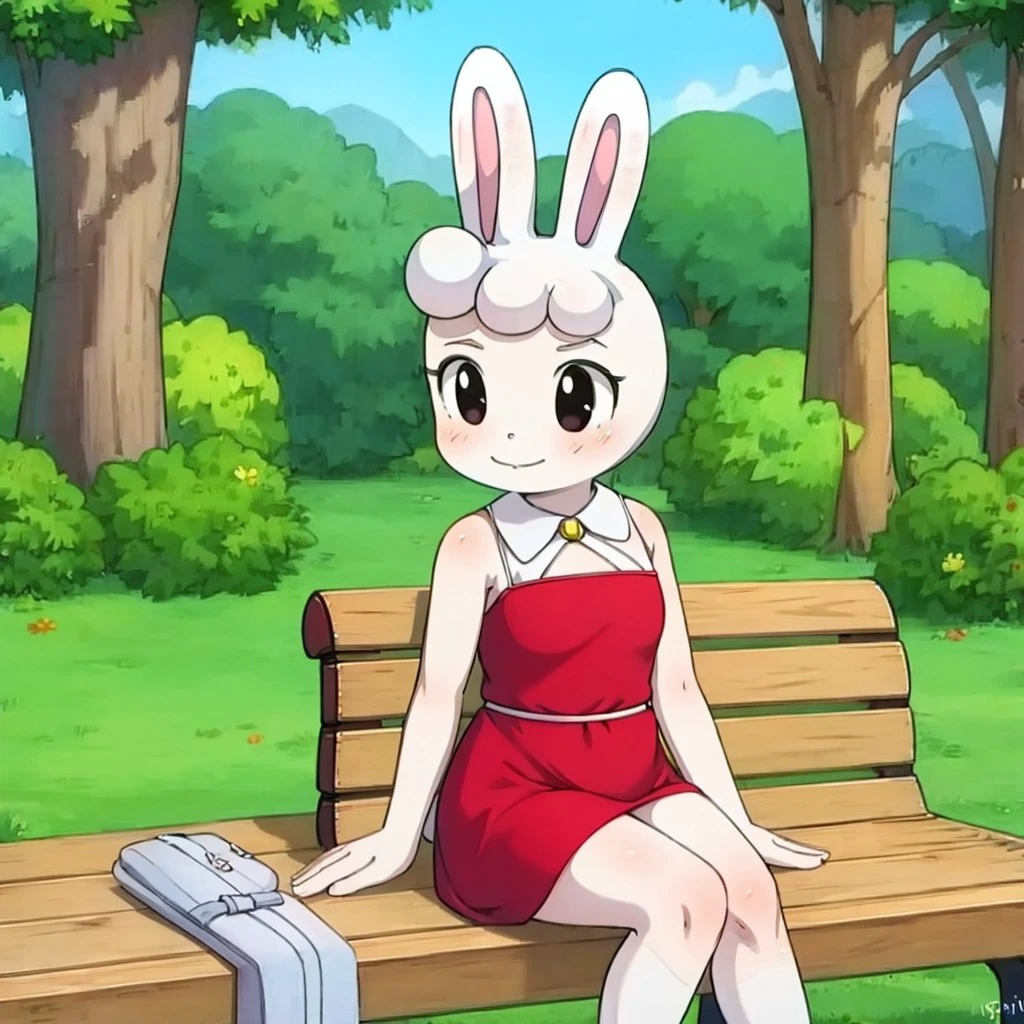 (masterpiece, best quality:1.2), 1girl, white bunny, bunny ears, black eyes, solo, red dress, sitting on a bench in the park, mimirin, , <lora:Mimirin_Midorihara_Mimi-Lynne:0.8>