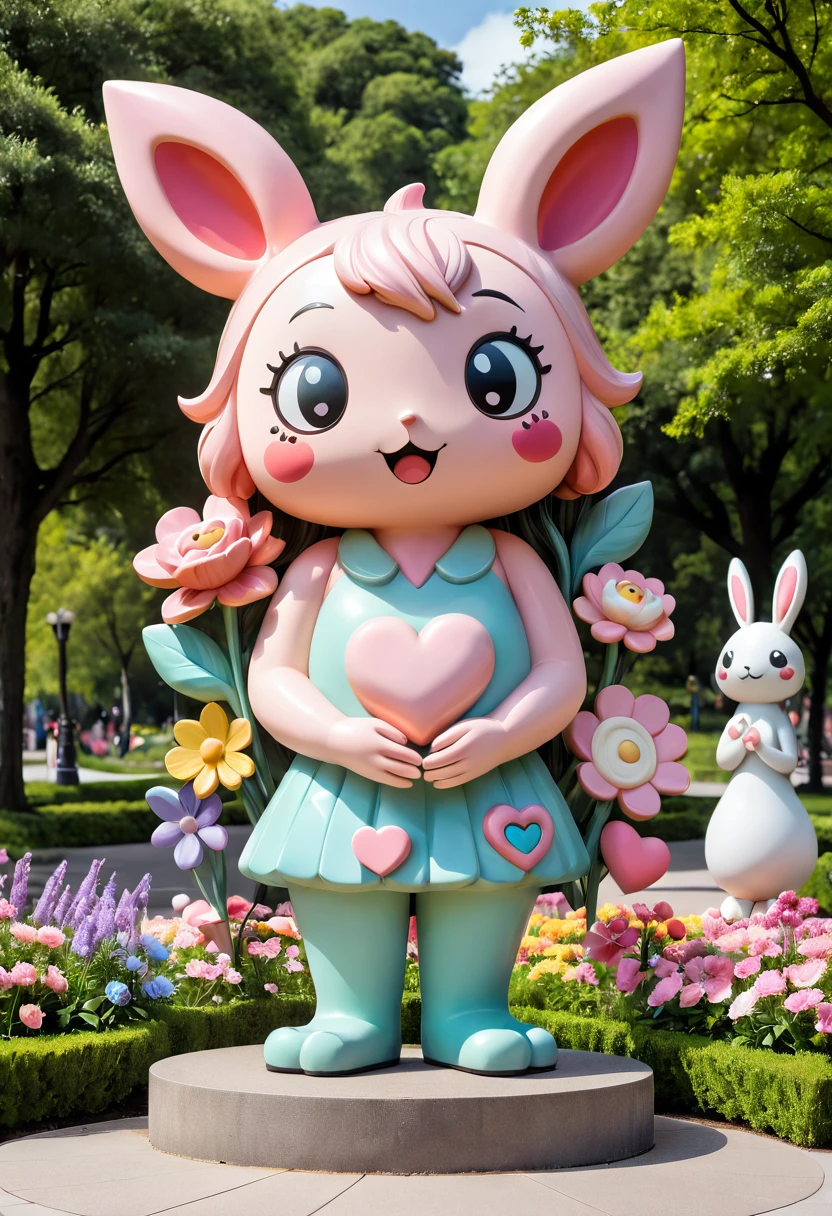 An enchanting outdoor display features a whimsical sculpture in a park, where its abstract form perfectly harmonizes with the surrounding nature. The piece captures the essence of kawaii art, with cute characters adorned in pastel colors. Visible whimsical details include flowers, hearts, and other charming elements. The sculpture elicits smiles and admiration from visitors who gather around to appreciate its beauty and ponder its meaning.