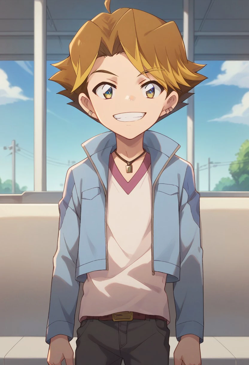 score_9, score_8_up, score_7_up, source_anime, highly detailed, 
rei, 1boy, male focus, solo, smile, blonde hair, jewelry, earrings, brown hair, jacket, necklace, blue jacket, looking at viewer, multicolored hair, smile, grin,
outdoor, sky, train, shinkansen