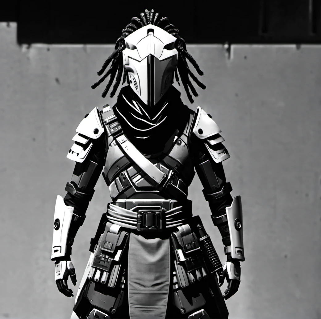 weapon, sword, armor, helmet, greyscale, solo, monochrome, katana, sheath, sheathed, 1other, japanese armor, scarf, covered face, shoulder armor, humanoid robot, samurai, science fiction, cowboy shot, standing, cyberpunk, futuristic armor, robot helmet, LED visor, black and white, sci-fi, dystopian, mechanical glove, industrial background, armored gauntlets, dreadlocks, masked figure, augmented reality, cybernetic, arm plating, combat ready, metallic texture, digital art, high-contrast, urban warrior, cyber warrior, pose, cybernetic enhancements, robotic appearance, action figure. ,<lora:æºç²-000002:0.6>