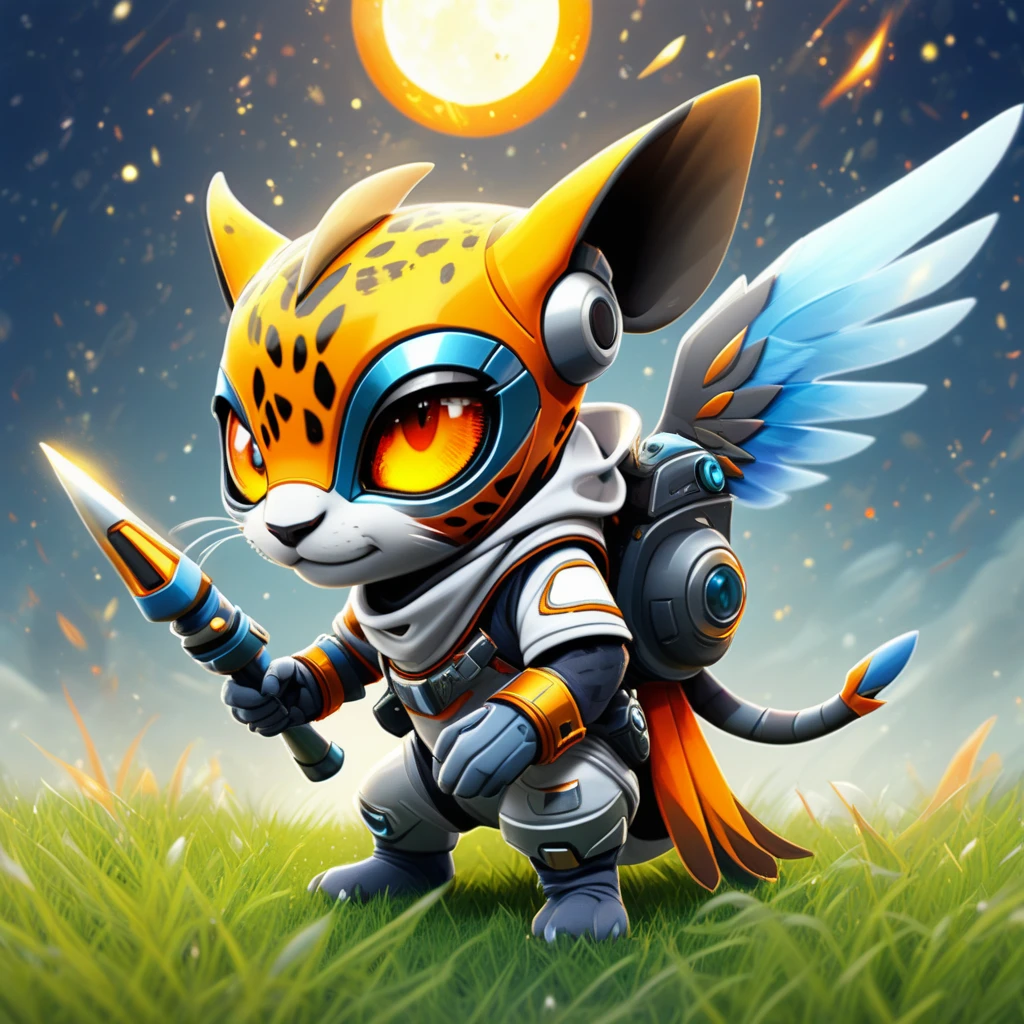 furry male, eye contact, jaguar ears, shooting star, pigeon, orange \\(fruit\\), spikes, soup, wings, fake horns, ruins, rocket, candlelight, polearm, on grass, spacesuit, feather hair, sun, nature, hood