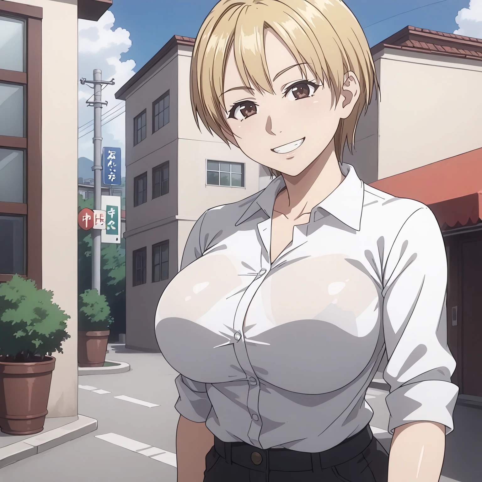 <lora:TomokaSuisoXLpony001>,
smile,
solo,
TomokaSuiso,1girl,blonde hair,short hair,brown eyes,
large breasts,
white shirt,
black pants,
outdoors,