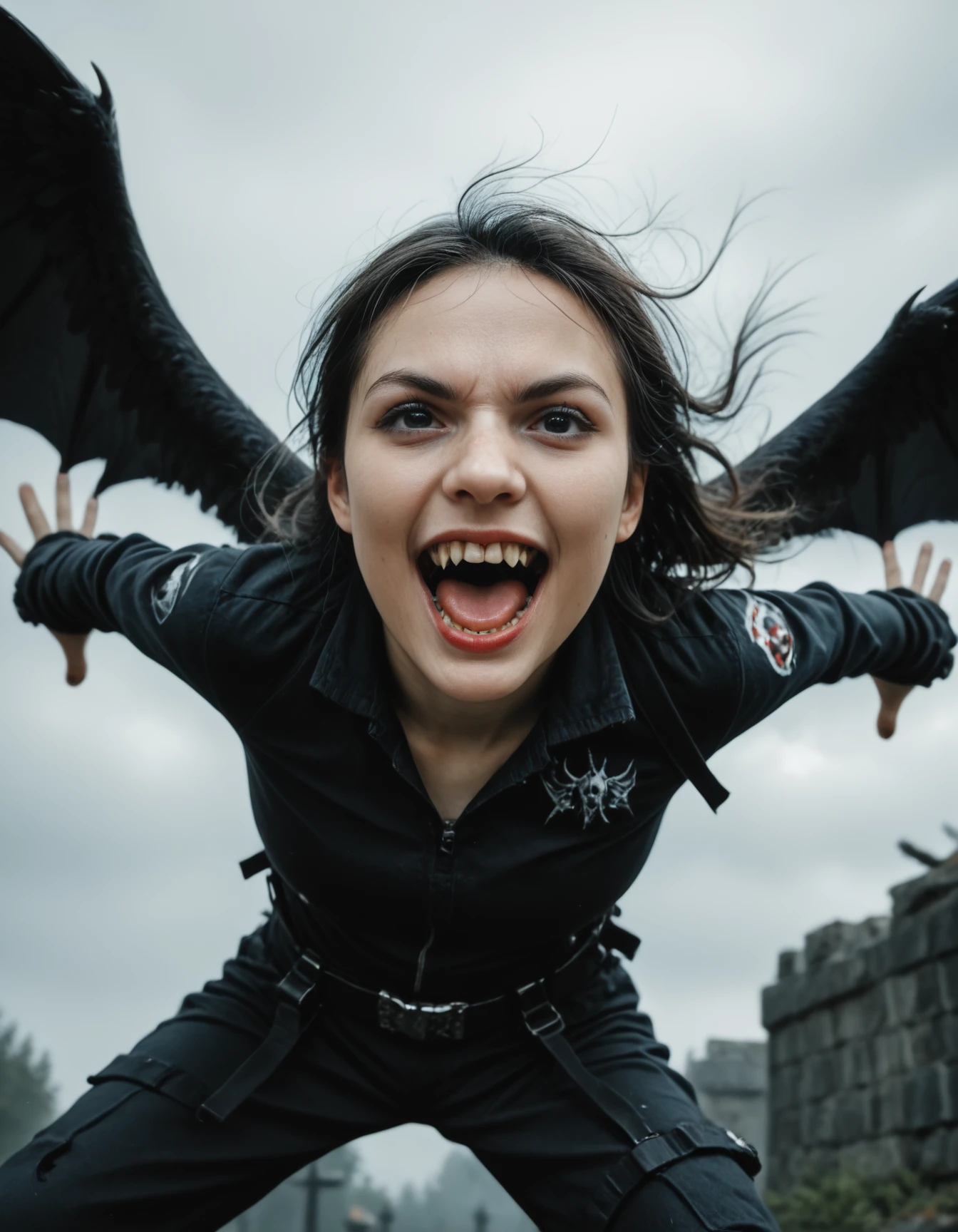 score_9, score_8_up, score_7_up, score_6_up, score_5_up, score_4_up, 1girl, black hair, black eyes, vampire, black wings, dynamic combat pose, fierce look, open mouth, fangs, detailed raw photo, realistic, photorealistic