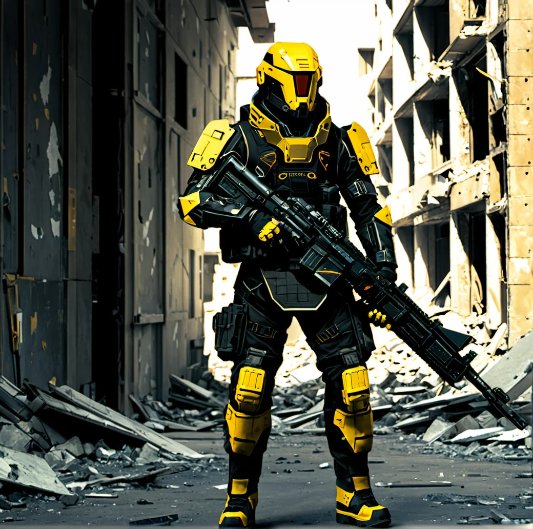 weapon, solo, science fiction, 1boy, helmet, gun, building, male focus, armor, holding, holding weapon, city, rifle, futuristic soldier, concept art, digital illustration, sci-fi armor, visor, militaristic, exoskeleton, tactical gear, urban backdrop, dystopian, high-tech, detailed, black and gold color scheme, artist signature, male, standing pose, full-body armor, cybernetic enhancements, soldier holding rifle, combat readiness, armor plating, mechanical joints, tactical pouches, gritty environment, armored gloves, heavy boots, knee pads, sharp angles, contrast lighting, action-ready stance, destruction, abandoned buildings, war-torn cityscape, rubble, desolation, future warfare, advanced technology, protective gear, tactical belt, science fiction. ,<lora:æºç²-000002:0.6>