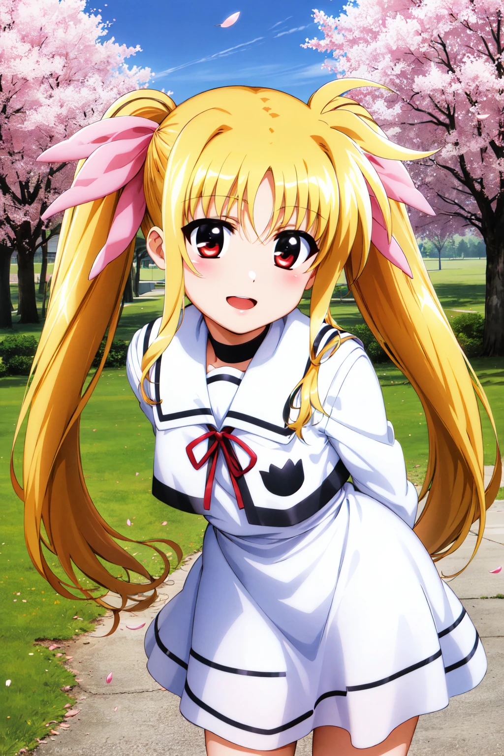 masterpiece, best quality, highres, aafate, long hair, twintails, hair ribbon, pink ribbon, small breasts, school uniform, white sailor collar, neck ribbon, collared shirt, white shirt, white dress, long sleeves, <lora:fate_testarossa_v1:0.7>, smile, open mouth, standing, cowboy shot, leaning forward, bent over, outdoors, cherry blossoms, arms behind back,