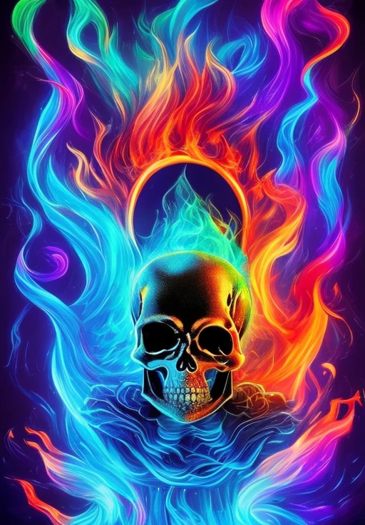 Dreamscape skull, <lora:colorflames2:1>, colorflames, colorful flames, colorful fire, on fire, blue fire, green fire . Surreal, ethereal, dreamy, mysterious, fantasy, highly detailed