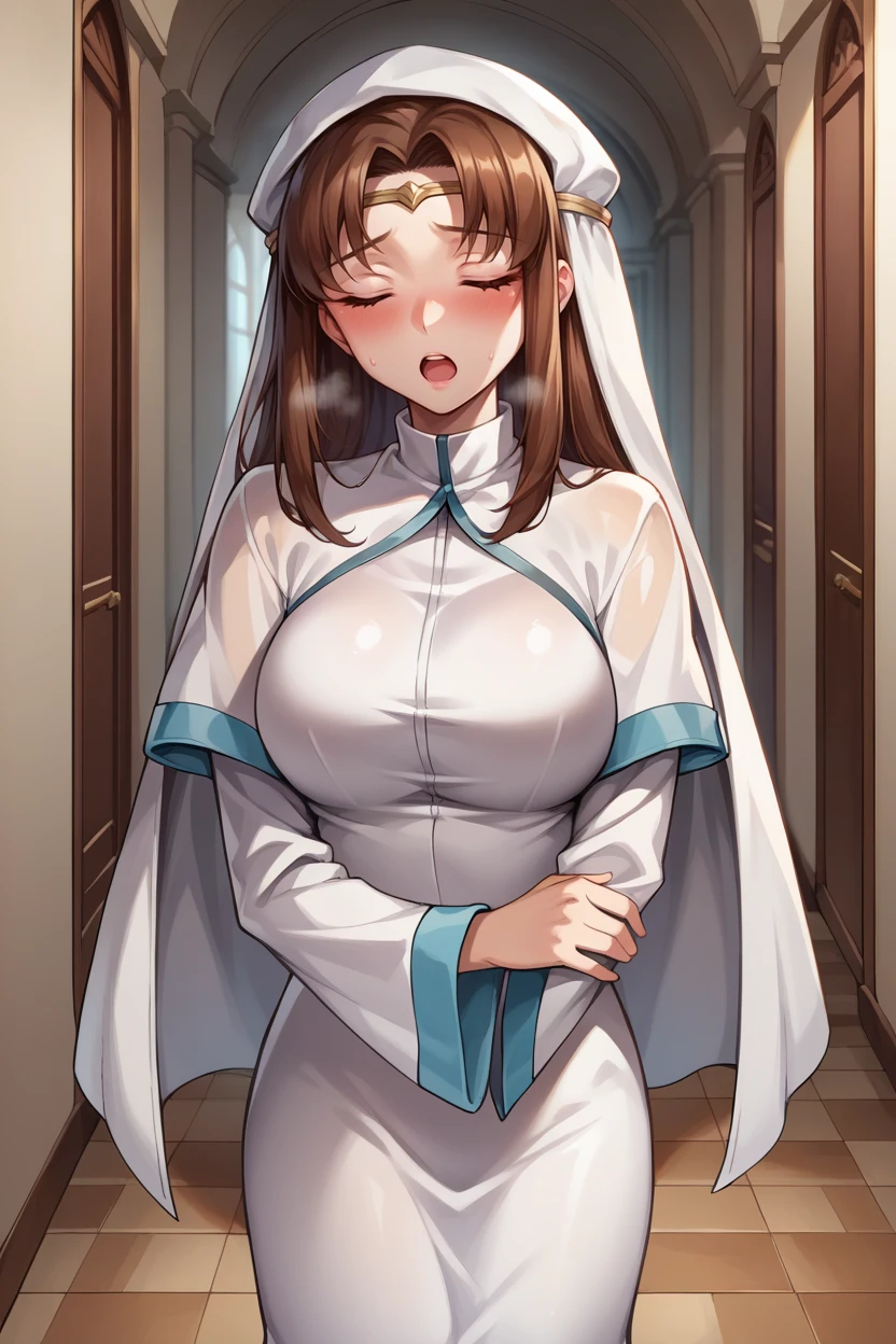 score_9, score_8_up, score_7_up, score_6_up, source_anime, BREAK 1girl, <lora:feelen-pdxl-nvwls-v1-000005:1> elen, brown hair, veil, circlet, white dress, capelet, large breasts, blush, open mouth, heavy breathing, holding own arm, shuddering, hallway, indoors, bedroom, closed eyes