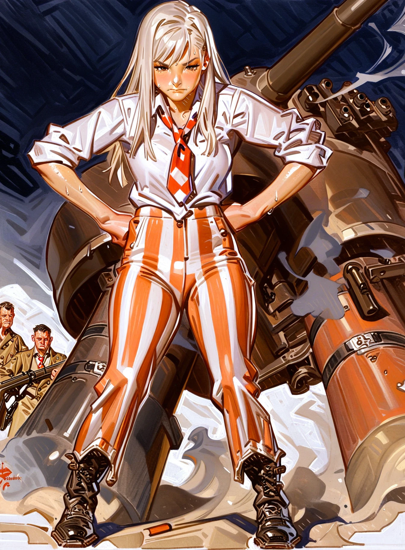 leyendecker, masterpiece, best quality, very aesthetic, absurdres, 1girl, female focus, white hair, long hair, red vertical-striped pants, white shirt, sleeves rolled up, (red undone necktie:0.85), black boots, boot clips, tired, full body, standing, night, giant artillery battery, looking at viewer, sweat, smoke in the background, battlefield, dramatic, masterpiece, cute