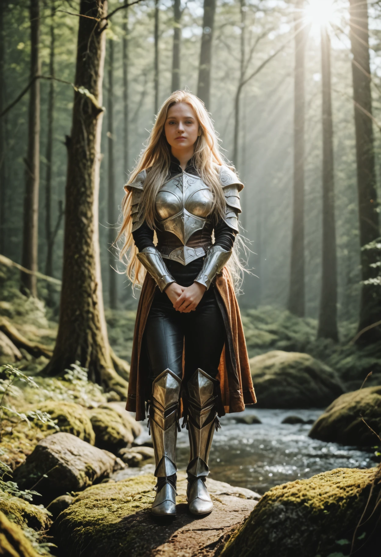 score_9, score_8_up, score_7_up, score_6_up, score_5_up, score_4_up RAW, photo, 8k, very sharp, very detailed, realistic, real, hyper realistic, (source_real:1.5), detailed eyes,
natural lighting, god rays, misty, cinematic view, full body, (fantasy theme)
beautiful elf, in the magical forest, plate armor, thin, (long hair:1.7) blonde hair, leather straps, leather pants, on one knee, hands together in front