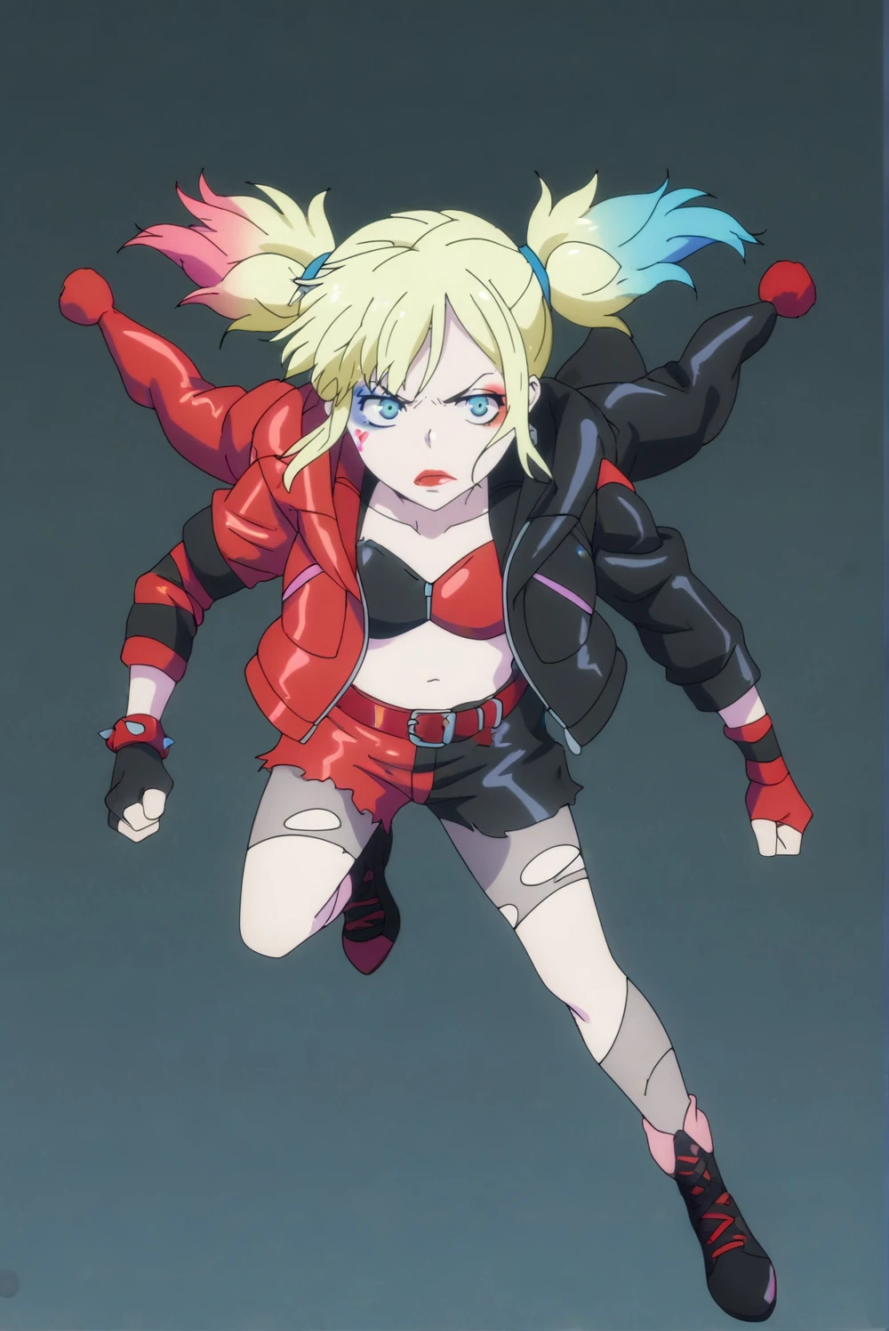 Harley Quinn, front view, dynamic pose, shorts,  open jacket, torn clothes, makeup, torn pantyhose, multicolored jacket, dark gray background, simple background <lora:isekai_suicide_squad-Harley_Quinn-PDXL:0.8>,  <lora:sdxl_lightning_4step_lora.safetensors:1.0>