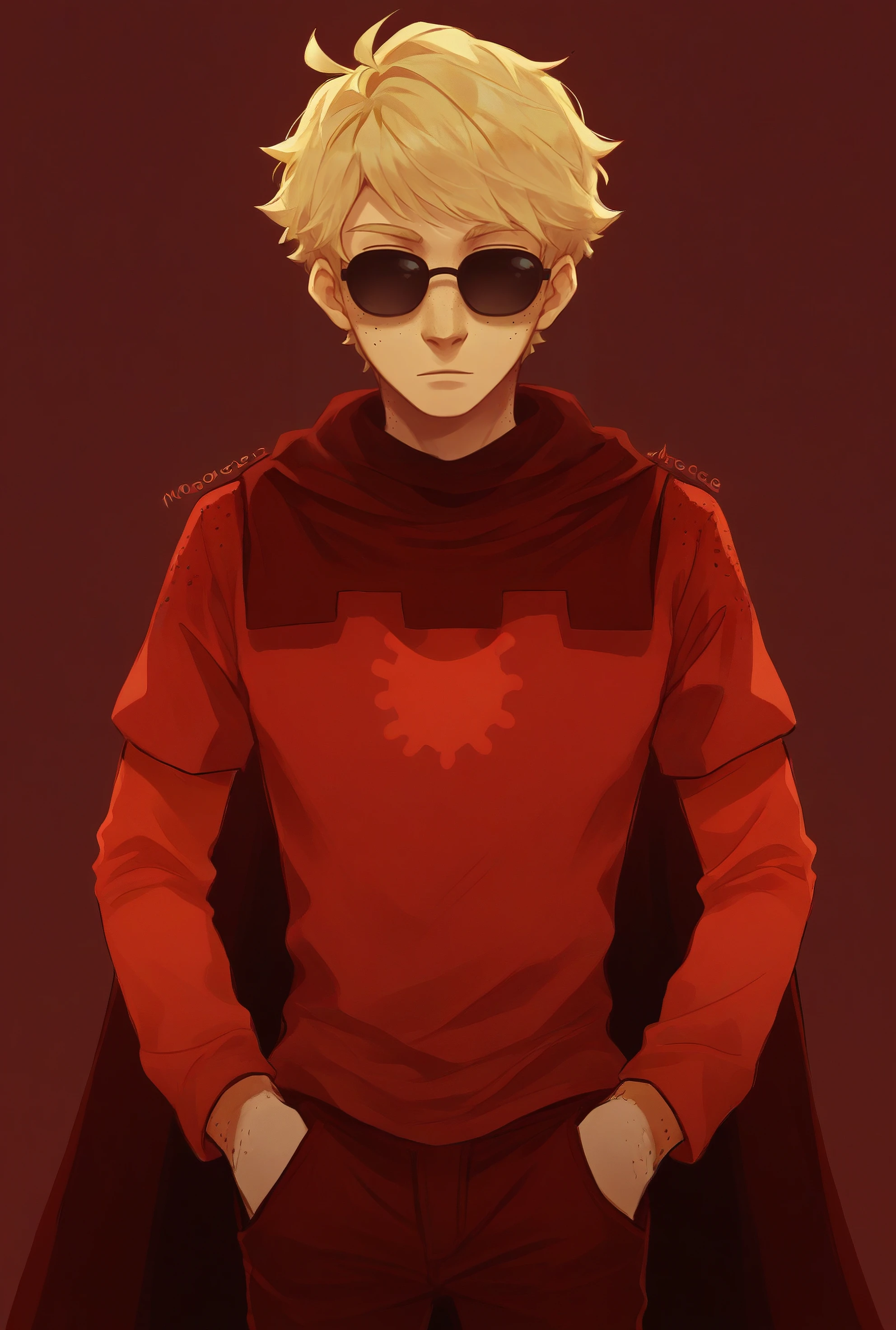 , score_9, score_8_up, score_7_up, masterpiece, , line art, portrait, anime,, detailed, <lora:Expressive_H:0.45> Expressiveh, ,   ,  <lora:Dave_Strider:0.8>, dave strider, blonde hair,  sunglasses,  freckles, male, 1boy,  godtier, cape, red shirt, pants, simple background,  dark red  background,