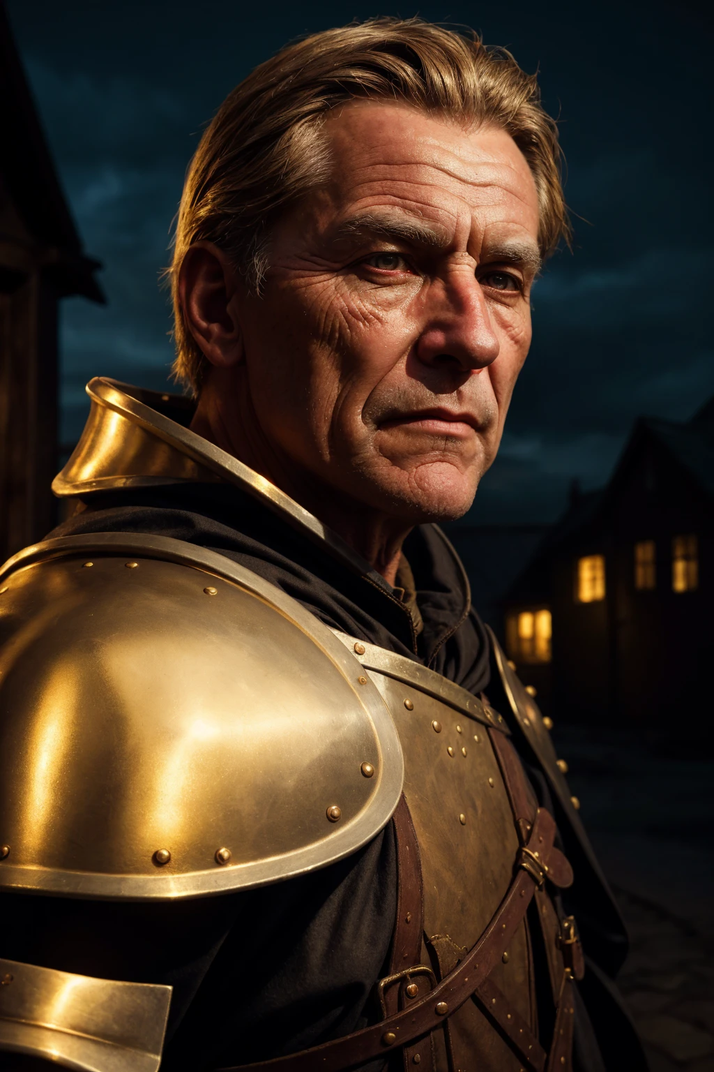 dark fantasy, a close - up photo of an old man with short brown hair and black eyes, long bread, he is dressed as old hide armor and cloak, cinematic lighting at night time in medieval fantasy town during golden hour photography by jimmy nelson, fantasy ultrarealistic concept art, stunning portrait render, trending on cgsociety contest winner