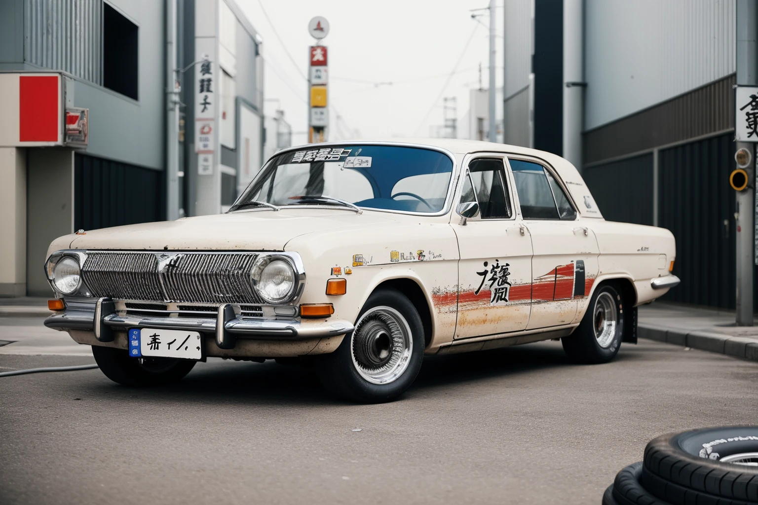 analog photo, white gaz2104, (drift:1.2), (smoking tires:1.2), tokyo street, (japanese glyphs liveries:1.2), volumetric lighting, edge lighting, best quality, highly detailed, <lora:gaz2104:0.85>,