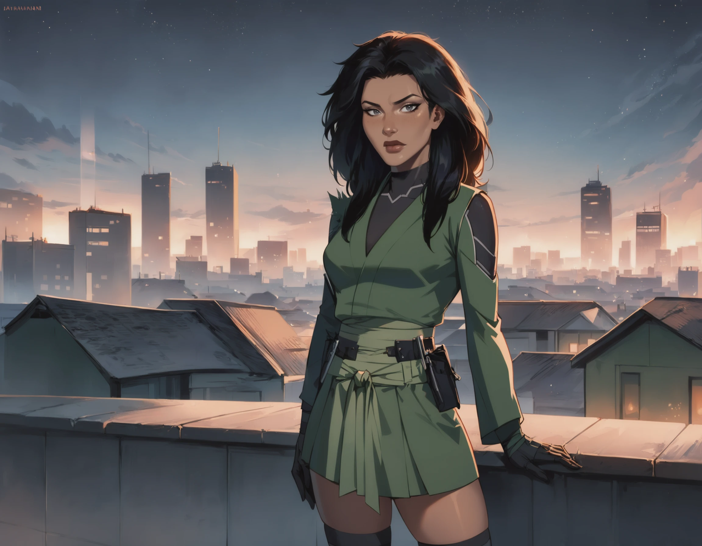 score_9, score_8_up, score_7_up, 1girl, long hair, breasts, skirt, black hair, gloves, thighhighs, medium breasts, cowboy shot, (japanese clothes), black gloves, black thighhighs, dark skin, (green kimono), (dark-skinned female), (bodysuit), dark grey eyes, rooftop of a building at night, (tall slim athletic female, mature female), skinny, belt, scenery, 
sh3shire,
 <lora:ch3shire-step00001000:1>