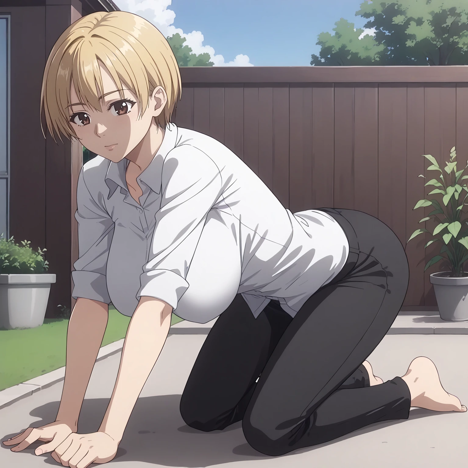 <lora:TomokaSuisoXLpony001>,
solo,
TomokaSuiso,1girl,blonde hair,short hair,brown eyes,
large breasts,
white shirt,
black pants,
outdoors,
full body,all fours,