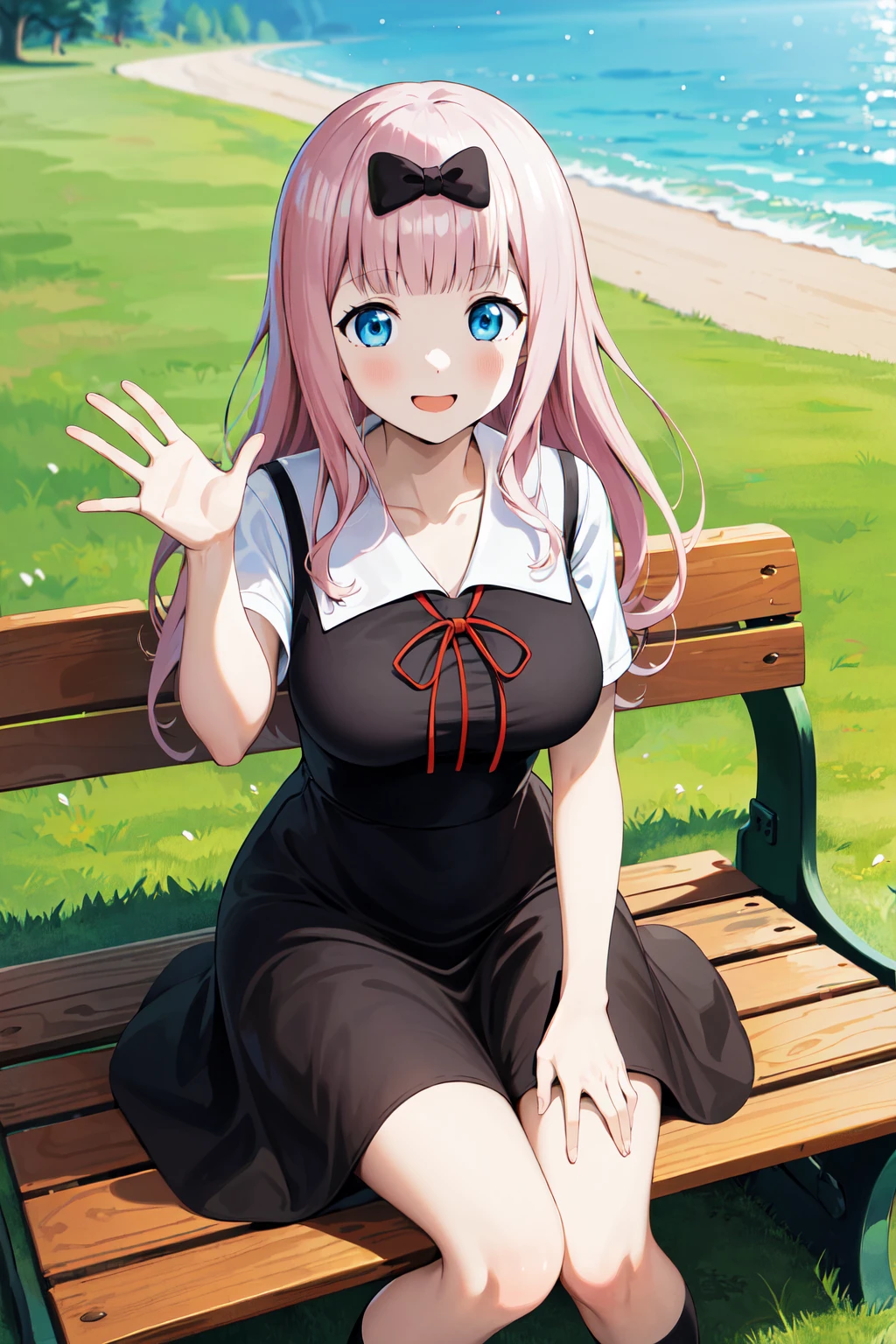 masterpiece, best quality, highres, aachika, long hair, hair bow, collarbone, summer uniform, neck ribbon, white shirt, pinafore dress, (black dress:1.2), short sleeves, black skirt, <lora:fujiwara_chika_v2:0.7>, sitting, outdoors, bench, (waving:1.1), smile