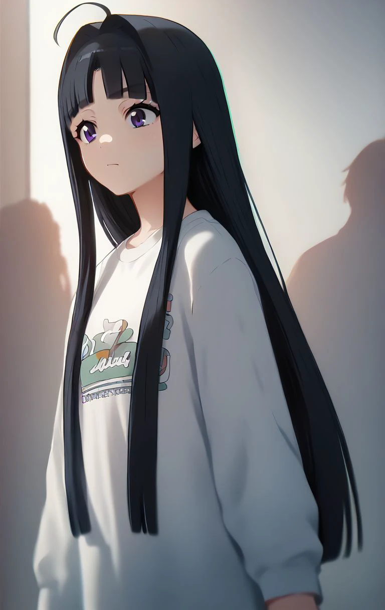 score_9,score_8_up,score_7_up,score_6_up,source_anime,<lora:PONY_character_gbc-000005:1>,subaru awa,1girl,black hair,long hair,ahoge,purple eyes,blunt bangs,