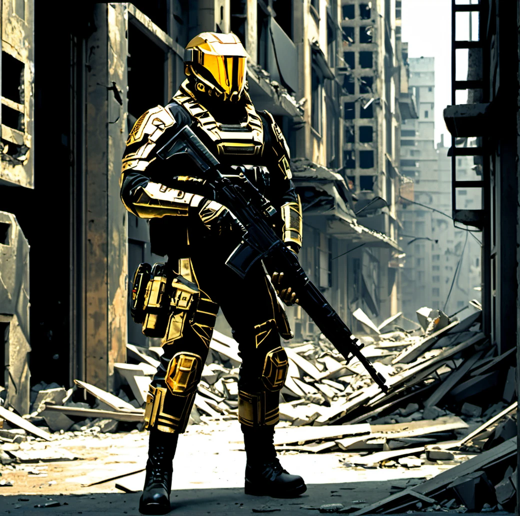 weapon, solo, science fiction, 1boy, helmet, gun, building, male focus, armor, holding, holding weapon, city, rifle, futuristic soldier, concept art, digital illustration, sci-fi armor, visor, militaristic, exoskeleton, tactical gear, urban backdrop, dystopian, high-tech, detailed, black and gold color scheme, artist signature, male, standing pose, full-body armor, cybernetic enhancements, soldier holding rifle, combat readiness, armor plating, mechanical joints, tactical pouches, gritty environment, armored gloves, heavy boots, knee pads, sharp angles, contrast lighting, action-ready stance, destruction, abandoned buildings, war-torn cityscape, rubble, desolation, future warfare, advanced technology, protective gear, tactical belt, science fiction. ,<lora:æºç²-000002:0.6>