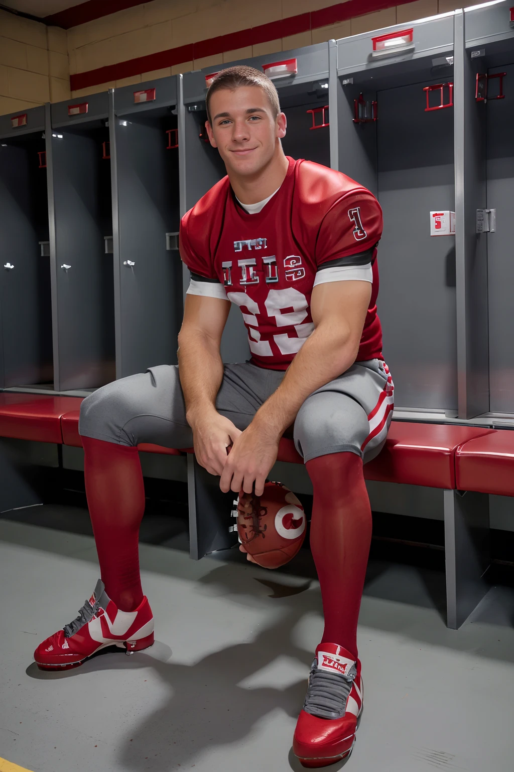 locker room, sitting on a bench, in front of lockers, slightly smiling, ConnorKline is an (American football player), wearing red and gray (football uniform), (red jersey:1.4), (red shoulder pads:1.2), jersey number 90, (gray (football pants):1.3), (red socks:1.2), long socks, (sneakers), (((full body portrait))), wide angle  <lora:ConnorKline:0.8>