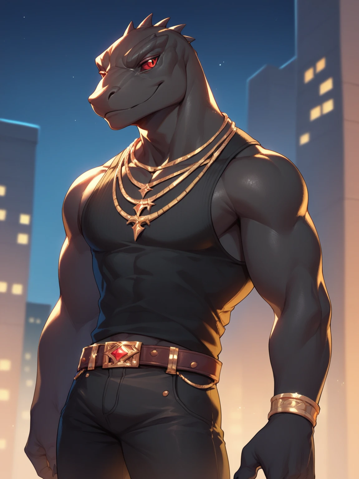 Score_9, score_8_up, score_7_up, 1boy, solo, furry, <lora:Thunder:1> Thunder, red eyes, black skin, colored sclera, black pants, black tank top, jewelry, necklace, city, night, belt, bare shoulders