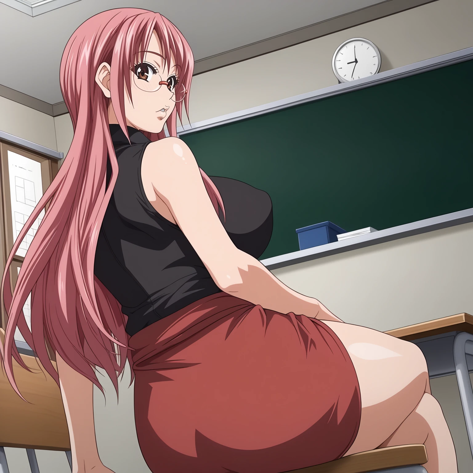 <lora:AyanoChuzenjiXLpony001>,
parted lips,
solo,
AyanoChuzenji,1girl,pink hair,long hair,brown eyes,eyewear,
large breasts,
female teacher,black shirt,sleeveless,
red skirt,
indoors,
sitting,looking back,