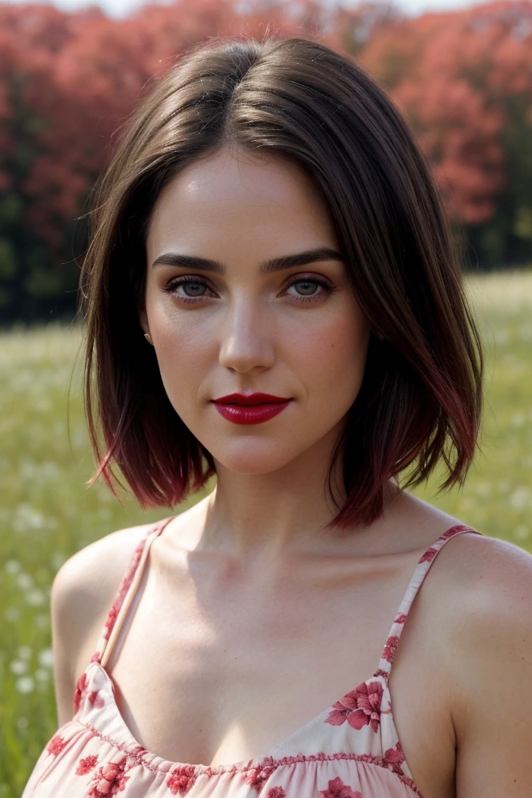 jennifercon, ((red lipstick, blush)),  ,photo of a woman, RAW, close portrait photo, ((beautiful floral print sundress)),((short hair, pixie cut)), ((outdoors, gorgeous meadow, walking)), ((detailed skin, detailed face):1.2), ((detailed eyes, beautiful eyes)), 8k uhd, dslr, soft lighting, high quality, film grain, Fujifilm XT3 sharp focus, f 5.6,((red lipstick, blush)) , slight smile, ((detailed eyes, beautiful eyes, detailed face, beautiful face)),