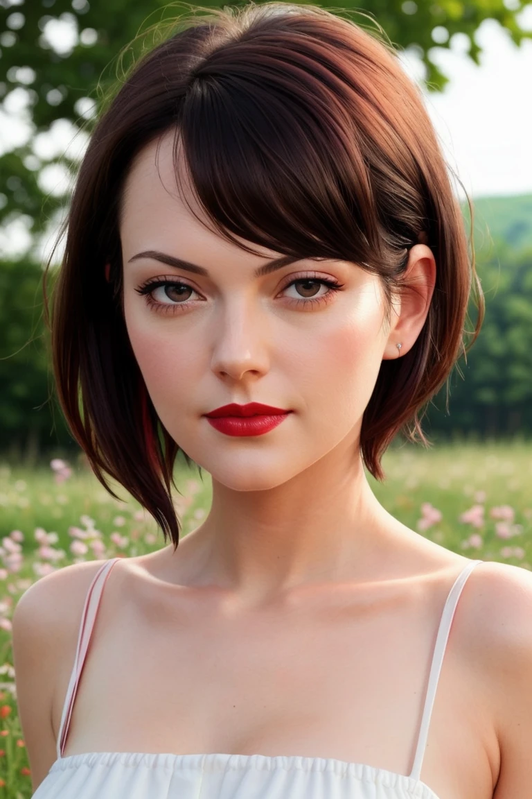 megwhite-306, ,photo of a woman, RAW, close portrait photo, ((beautiful floral print sundress)),((short hair, pixie cut)), ((outdoors, gorgeous meadow, walking)), ((detailed skin, detailed face):1.2), ((detailed eyes, beautiful eyes)), 8k uhd, dslr, soft lighting, high quality, film grain, Fujifilm XT3 sharp focus, f 5.6,((red lipstick, blush)) , slight smile, ((detailed eyes, beautiful eyes, detailed face, beautiful face)),