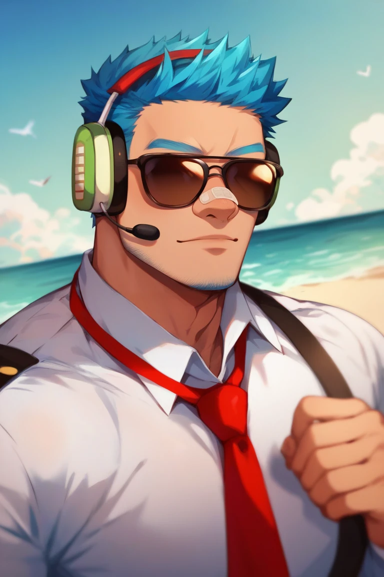 score_9, score_8_up, score_7_up, score_6_up, perfect anatomy, perfect proportions, best quality, masterpiece, high_resolution, high quality, solo male, Wilbur \(Animal Crossing\), personification, humanization, gijinka, blue hair, short hair, black eyes, blue facial hair, jawline stubble, aviation pilot, white collared shirt, red necktie, aviator sunglasses, aviator headset, blue pants, bandaid on nose, adult, mature, masculine, manly, handsome, charming, alluring, standing, upper body, dutch angle, cowboy shot, beach, day, blue sky<lora:EMS-410700-EMS:1.000000>