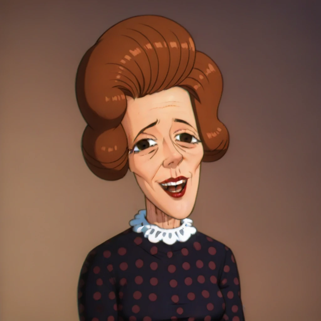 <lora:Network_Censor_Woman_-_Freakaziod_-_1995-10:0.9> 1girl, mature, brown hair, purple dress with maroon polka dots, white collar, white cuffs, wrinkled face, lipstick, lazy eye, smug, open mouth, teeth, looking at viewer,, source_cartoon, score_9, score_8_up, score_7_up,