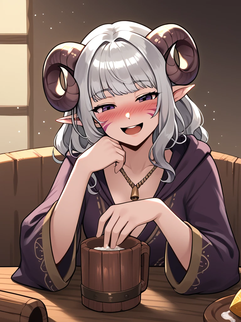 <lora:tavern_cup:1>wood cup, tarvern, cup,  source_furry, score_7_up, rating_safe, cowboy shot, gold necklace, tiefing, short pointed ears, horns, (a pair of brown sheep Horns that begin at her temples and curve back: 1.5), bangs,long silver hair long wavy hair, pale skin,<lora:whisker_markings:0.8> whisker_markings:1.4 , pointy ears, purple eyes:1.2, <lora:age_slider_v4:0.6>   medium breasts, skinny female, close up, silver hair, <lora:Tieflingnew weird fantasyDND:0.3> Tiefling, pointed ears, horns,  naughty face, drunk, open mouth,smile,<lora:Smooth Style 2 SDXL_LoRA_Pony Diffusion V6 XL:0.5>  shepherd's crook, bell, robe, hood off, <lora:Nanoless_Artist_Style_PonyXL:0.3> leaning table, simple background,