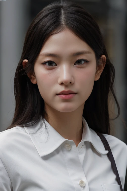 masterpiece, best quality, ultra-detailed, ultra high res, (photorealistic:1.4), raw photo, (realistic:0.2), 8k HDR, realistic lighting, 1girl, solo, looking at viewer, asymmetrical hair, (detailed pores), (detailed skin textures), (detailed face), (simple gray background), (full body:1.2), black suits, white collared shirts,